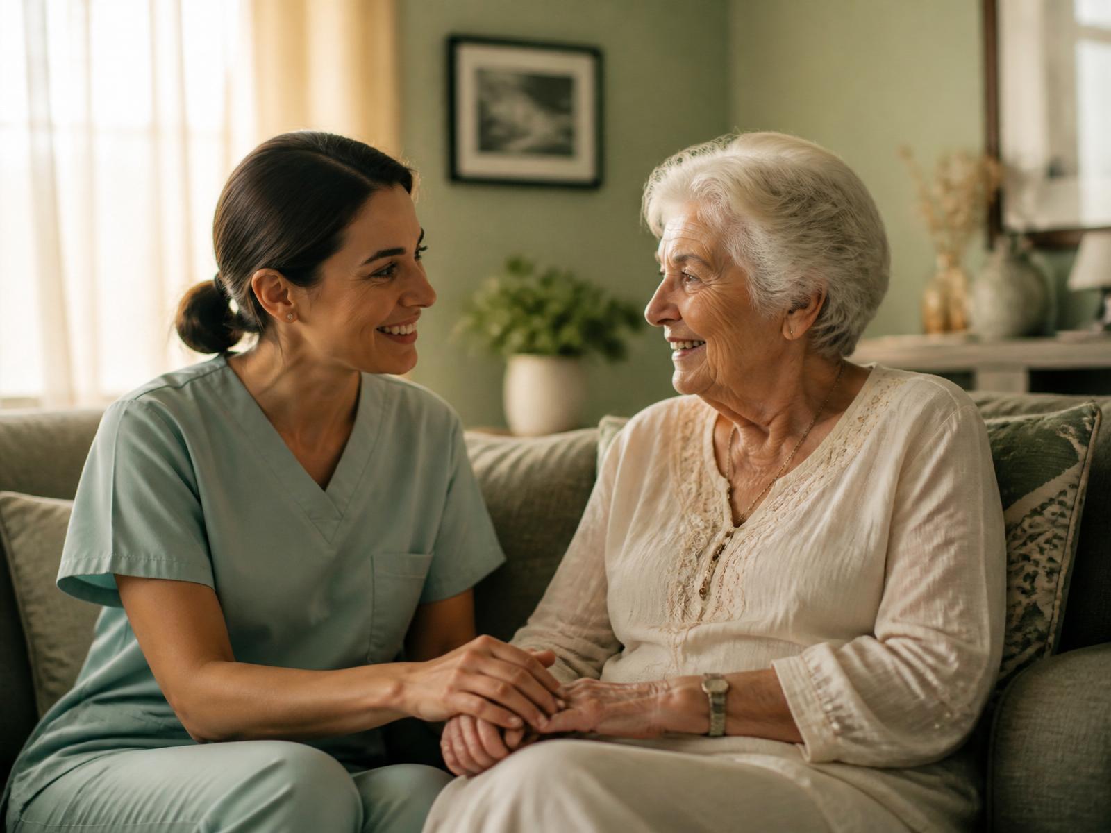 Caregiver holding hands with an elderly resident on a sunlit sofa