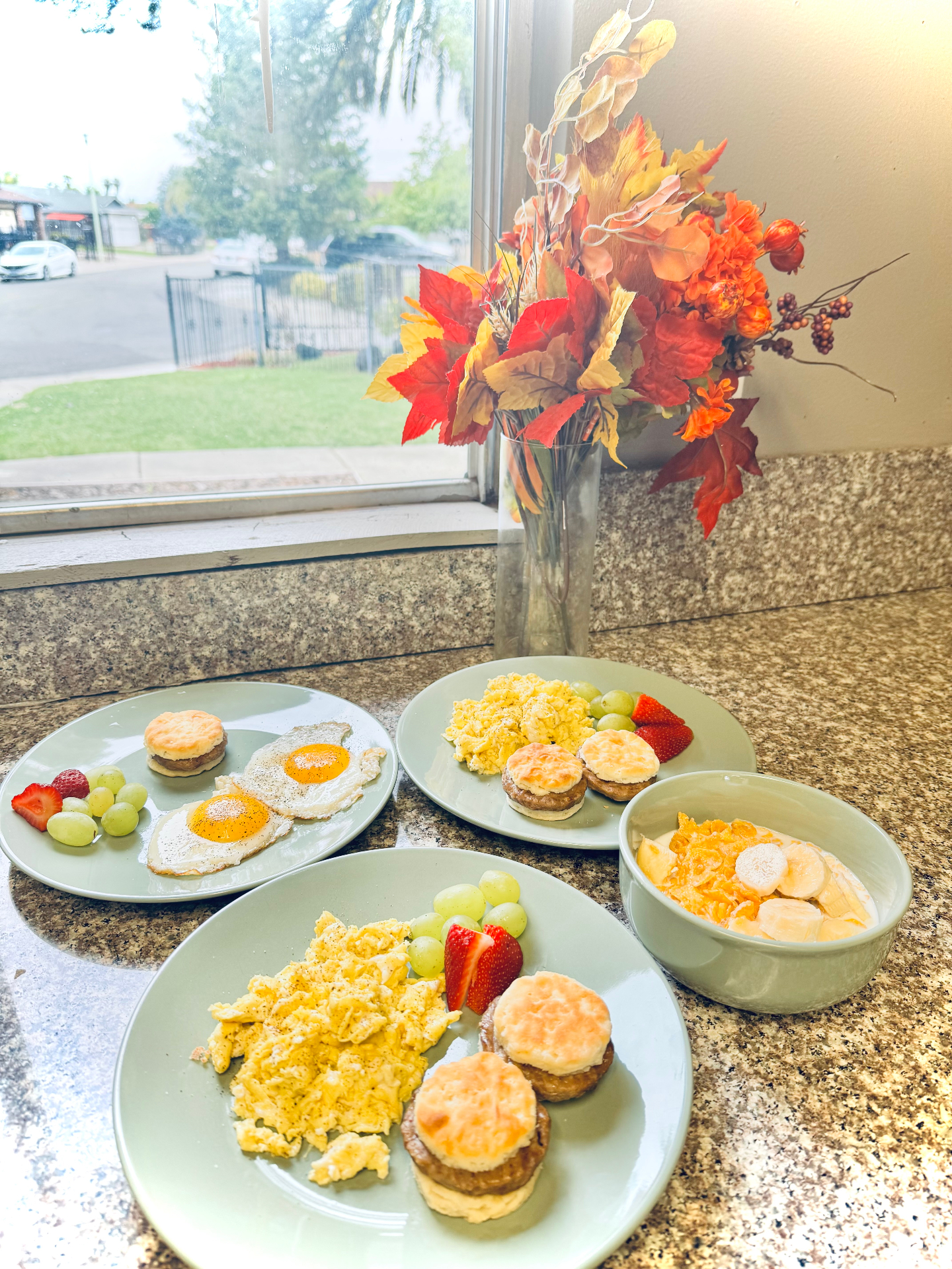 Fresh breakfast plated for residents beside a sunlit window