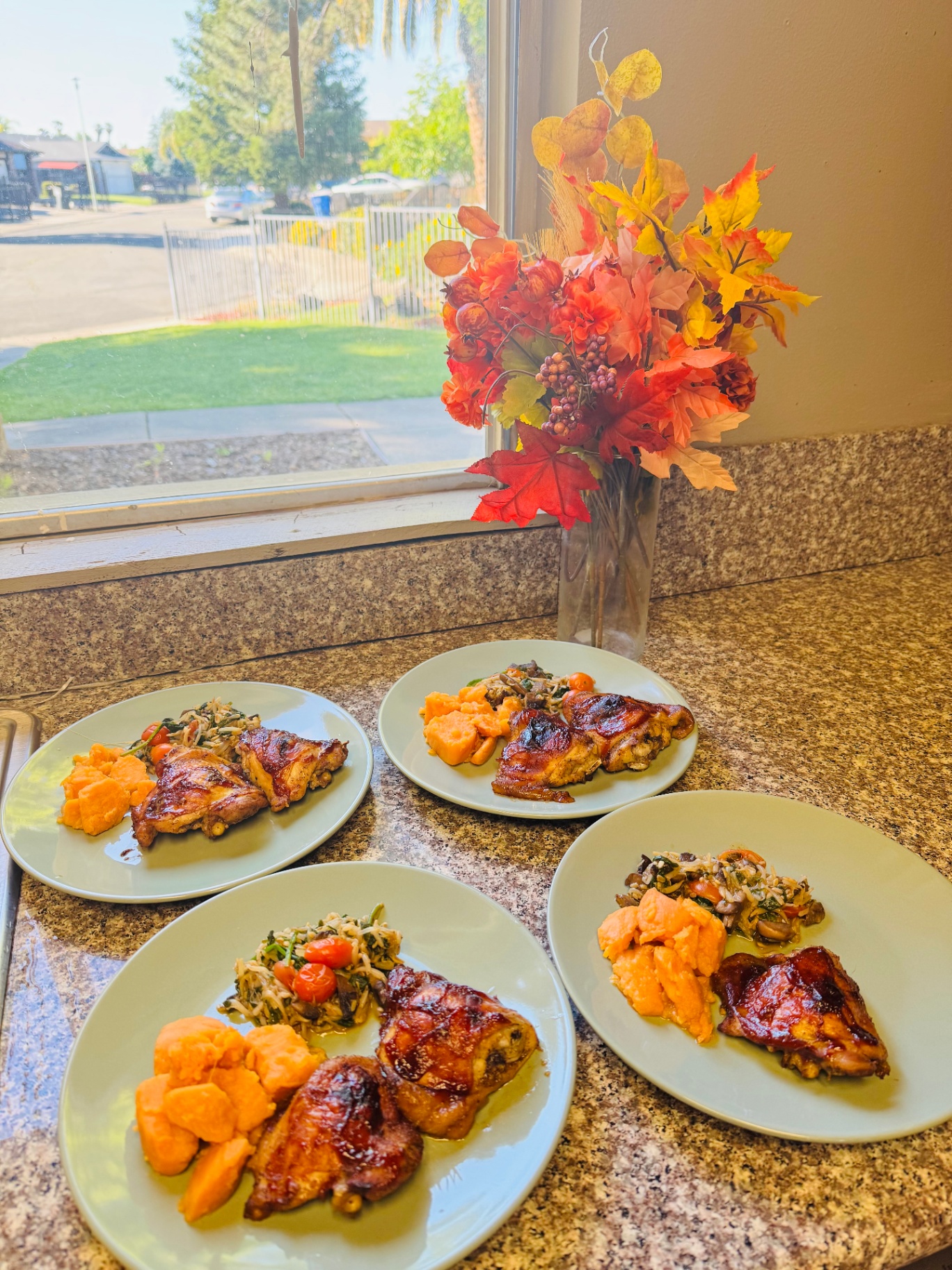Home-cooked dinner plates with chicken and vegetables